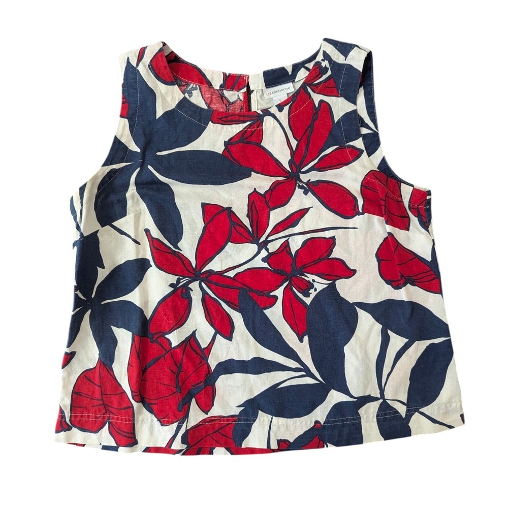 Liz Claiborne Floral Linen Blend Tank Top Navy Red Large Sleeveless Shell